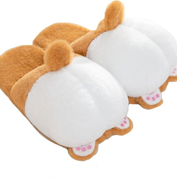 Women Fuzzy Corgi Slippers Non-Slip Plush Animal House Shoes Warm Cozy Gift - Picture 1 of 7
